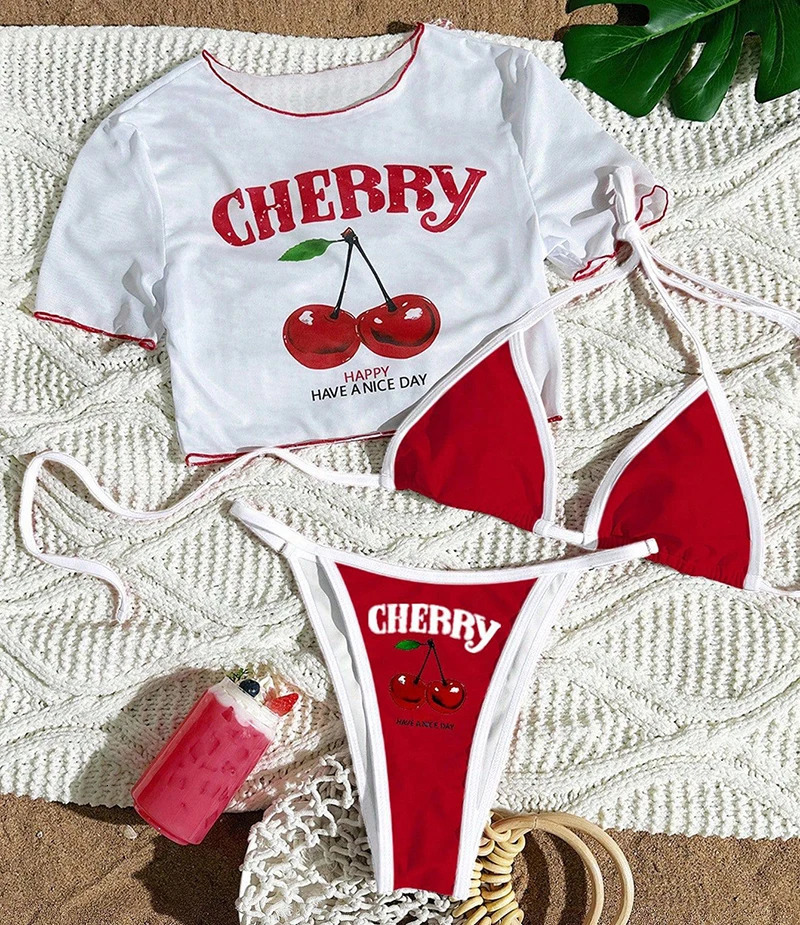 Sexy Thong Bikini 2026 Women Cherry Print Bikinis Short Sleeve Three-pieces Split Bathing Suit Summer Lace Up Swimsuit Beachwear 260612