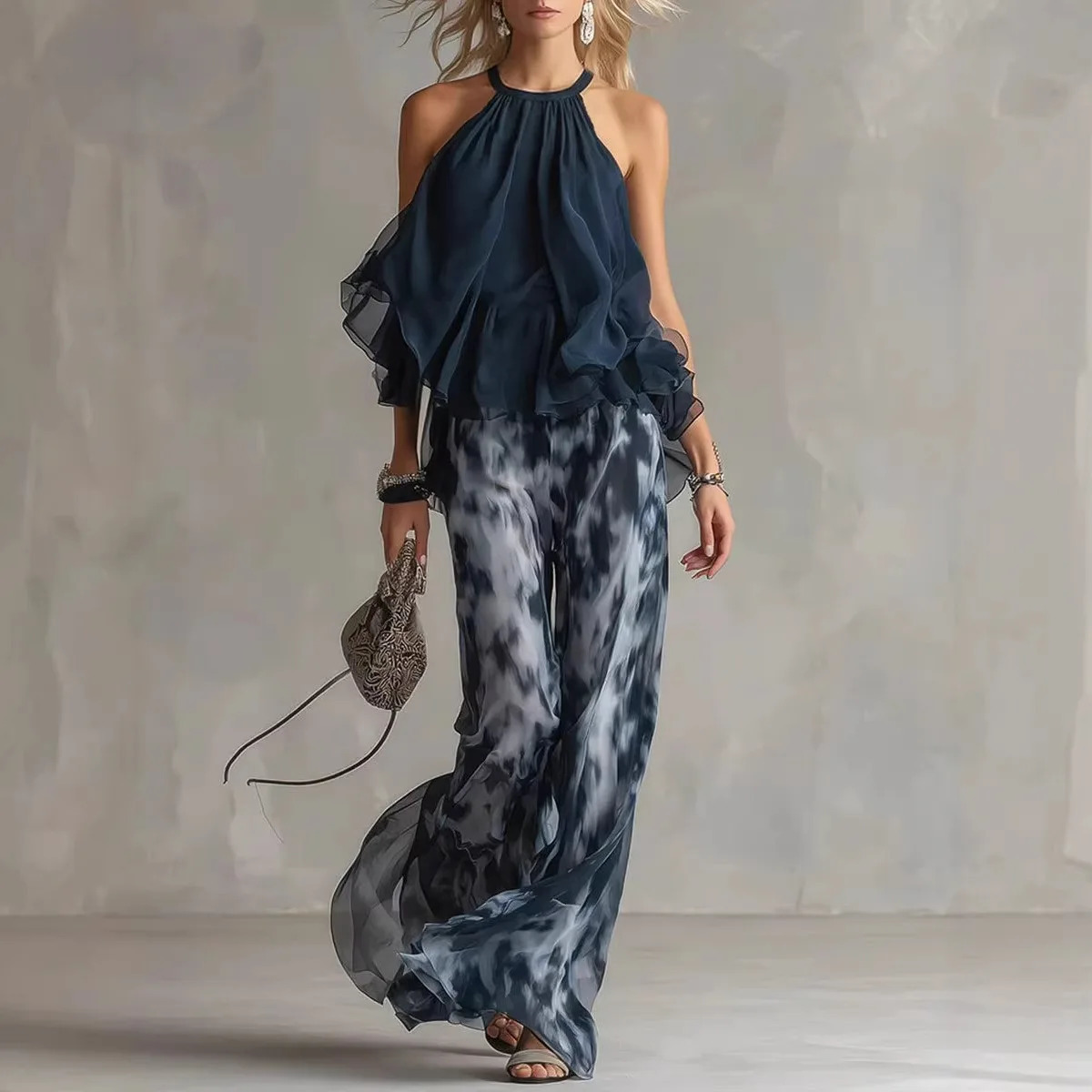 Fashion Chiffon Women Summer 2PCS Matching Set Elegant Navy Blue Halter Neck Tops And Printed Wide Leg Pant Ladies Outfit 260611
