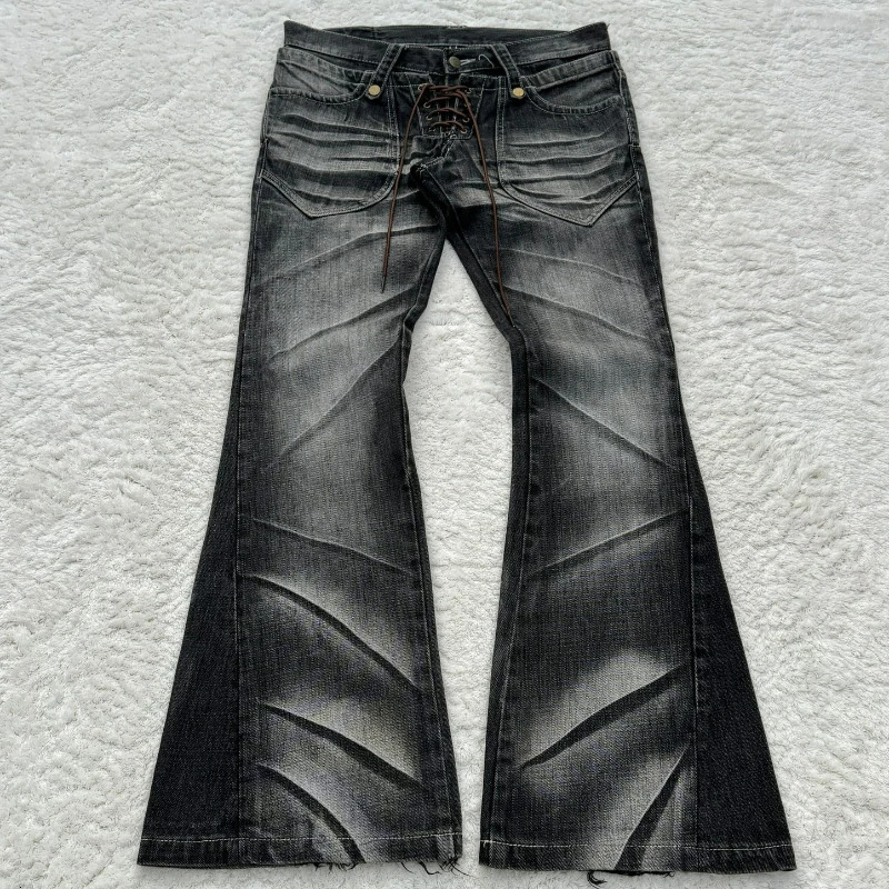Y2K Distressed Flare Jeans Gothic Men Double Waist Lace Up Denim Pants Retro Washed Scratches Streetwear Unisex Bootcut 260611