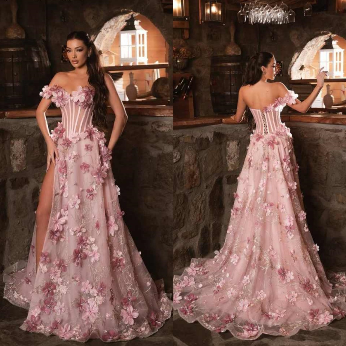 Pink Floral Evening Dresses Side Slit Exquisite Lace Prom Dress See Thru Corset Party Gown Luxury Gala Vestidos Customized