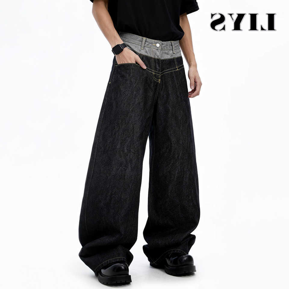 Mens Retro Double Waist Design Baggy Wide Leg Jeans Street Design Denim Pants Gothic loose Machete Wide Leg Jean Unisex Clothes Q260612