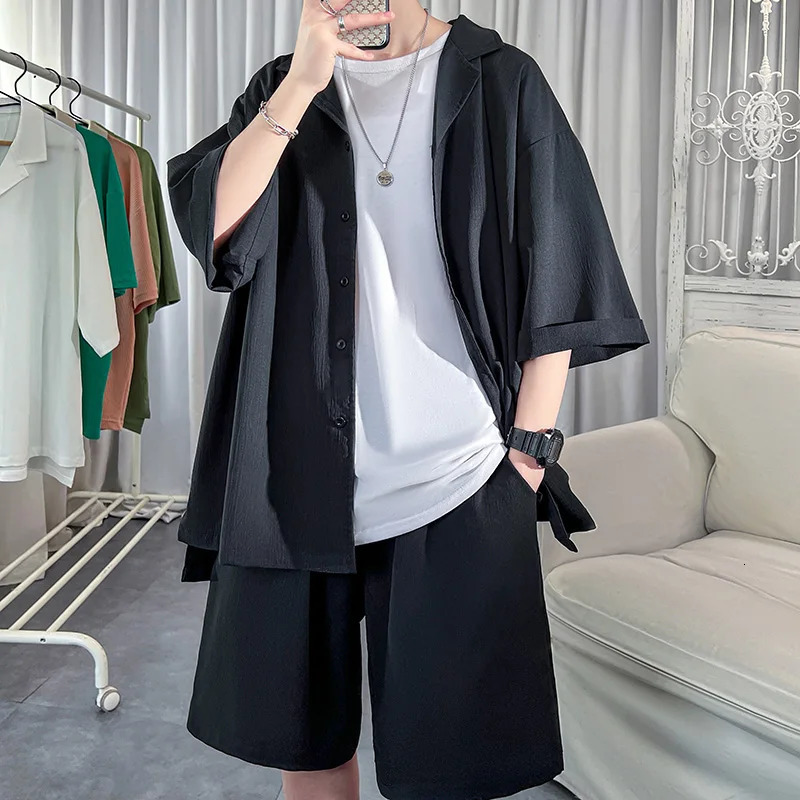 Korean Style Mens Set ShirtShorts Solid Short Sleeve Top Matching Bottoms Summer Fashion Oversized Clothing Men 260612
