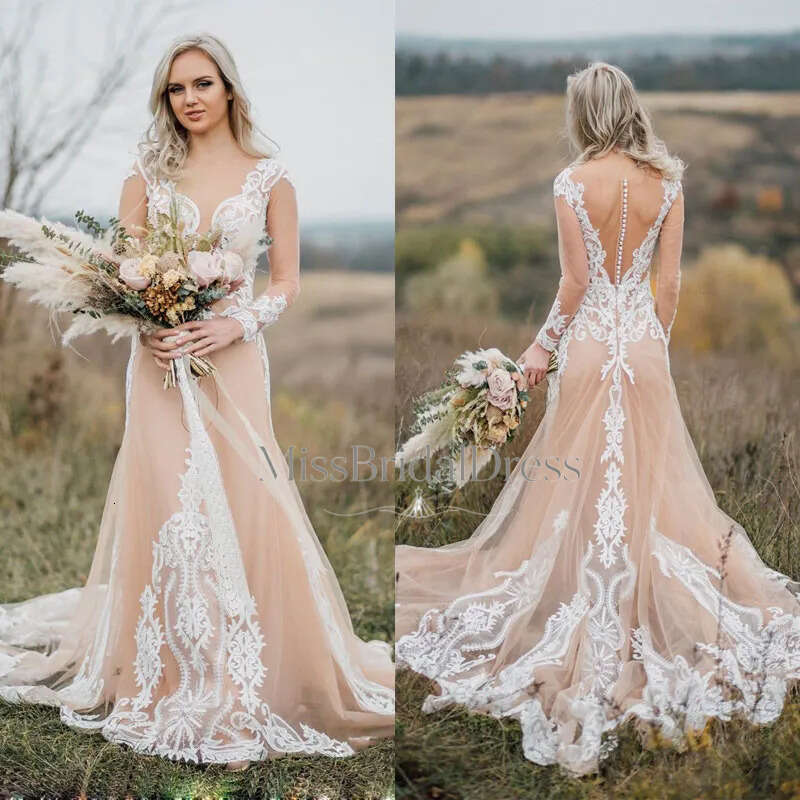 Champagne White Dresses A Line Appliques Lace Bridal Wedding Gowns Country Style Long Sleeves Custom Made Plus Size Mb612