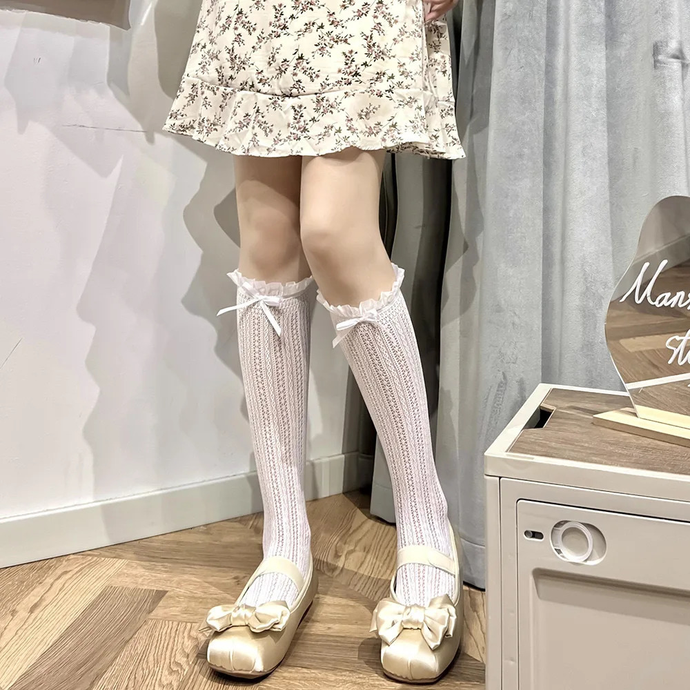 Socks Woman Summer Hollow Lace Bowknot Lolita Solid Color Socks Middle Tube Thin Casual White Sweet Girls Stockings 260612