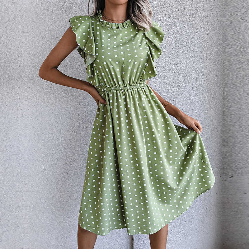 Dresses Casual Retro butterfly slve pleated heart-shaped dot printed dress womens length chiffon spring/summer dress S260612