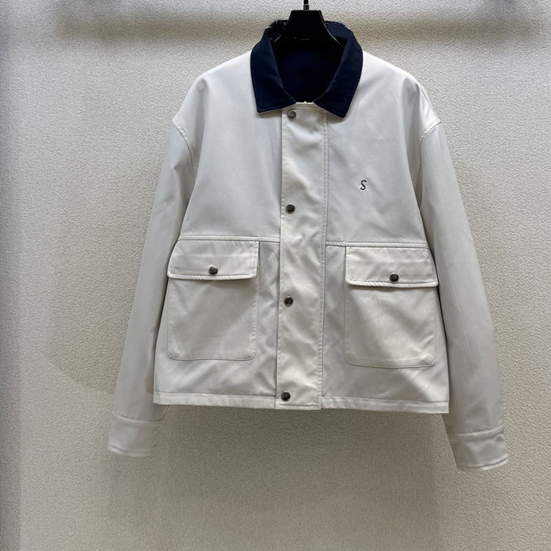 Luxury White Navy Reversible Coat For Women Designer Long Sleeve Pocket Jacket Spring Autumn Street Style Outerwear-image-860330245