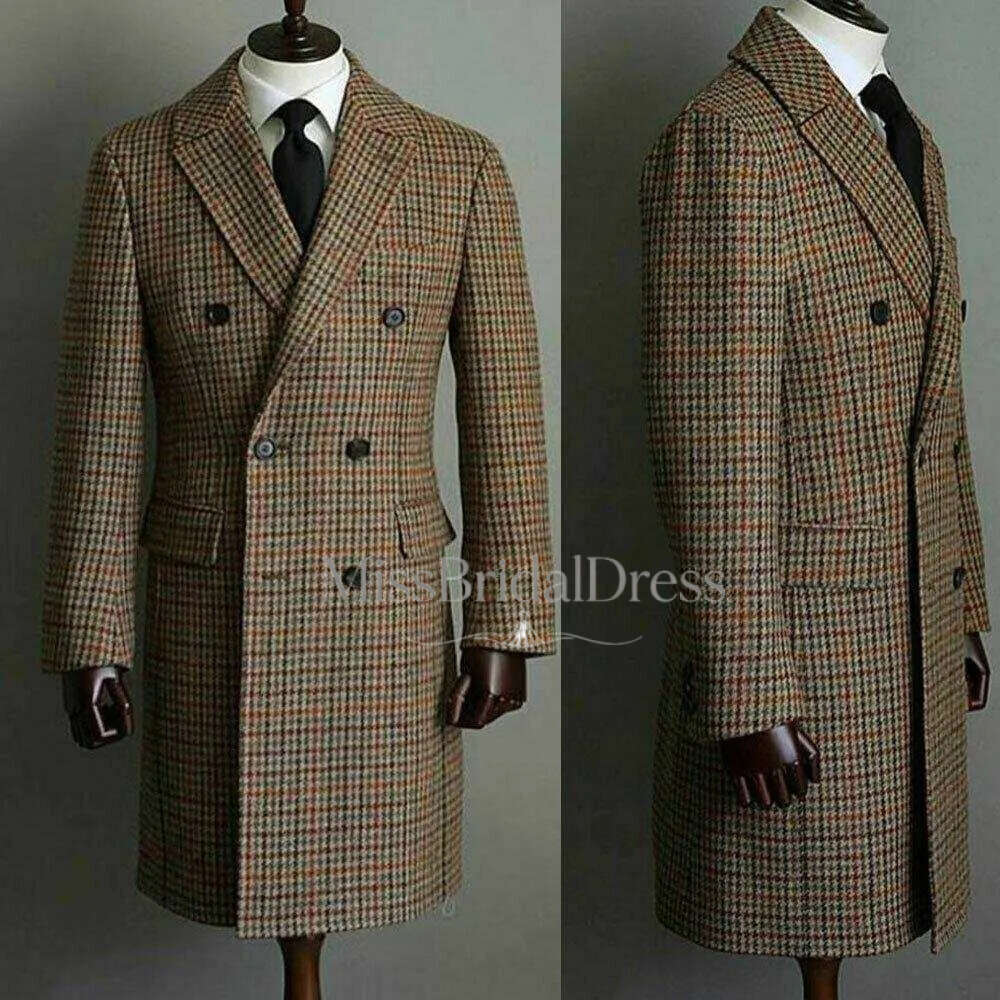 Casual Men Suits Thick Wool Custom Made Double Breasted Tuxedos Peaked Lapel Blazer Back Vent Business High Quality Popular Cheap Price Long Coat M1