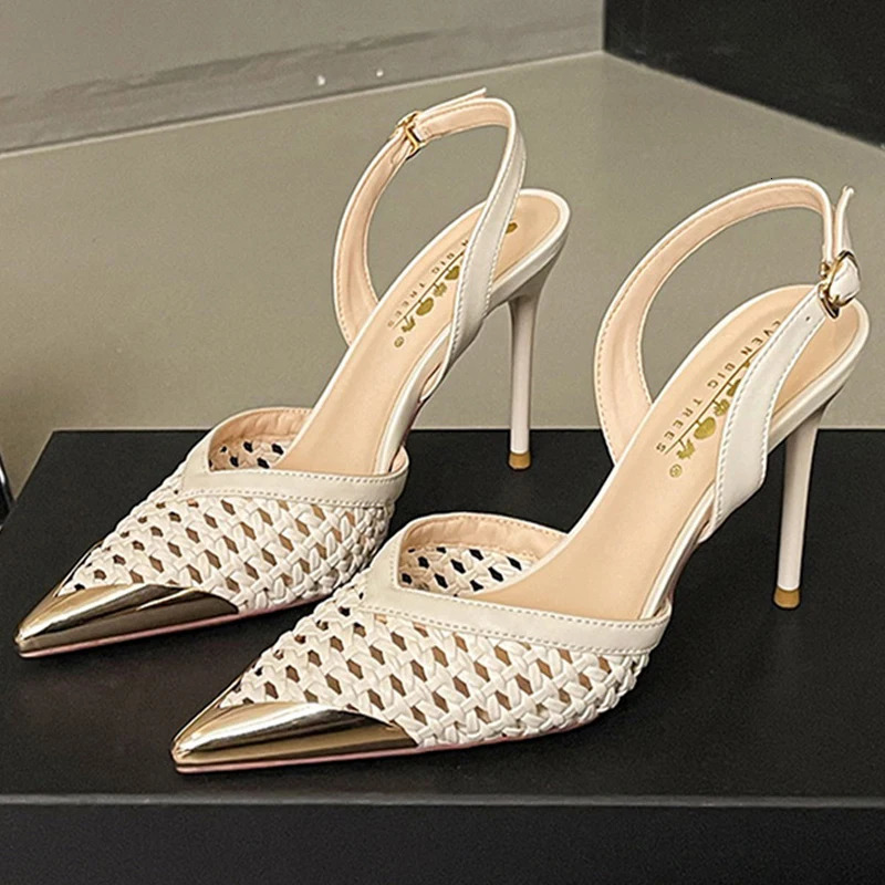 BIGTREE Mode hohl gewebte schlanke Absatzsandalen Damenschuhe Sommer Advanced Metall spitze High Heels Damen Pumps Stiletto 85 cm 260612