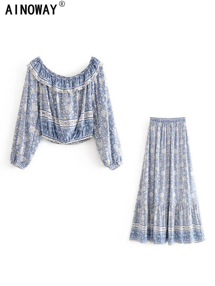 Vintage Chic Women Two Piece Suit Off Shoulder Crop Tops Bohemian Elastic Waist Maxi Skirts 2 Pieces Rayon Cotton Boho Sets 260611