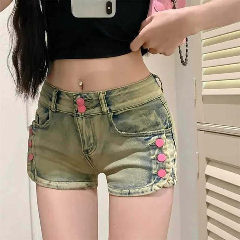 Button American High Street Pink Denim Shorts Women Y2K Sexy Skinny Slim Jean Shorts Vintage Low Rise Washed Distressed Shorts M260612