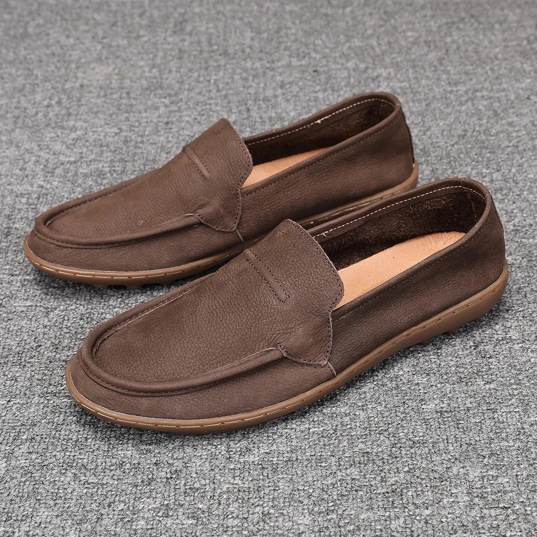 Mens Genuine Leather SlipOn Shoes Breathable Soft Bottom Casual Loafers Spring Summer Footwear Comfortable Rubber Sole 260611