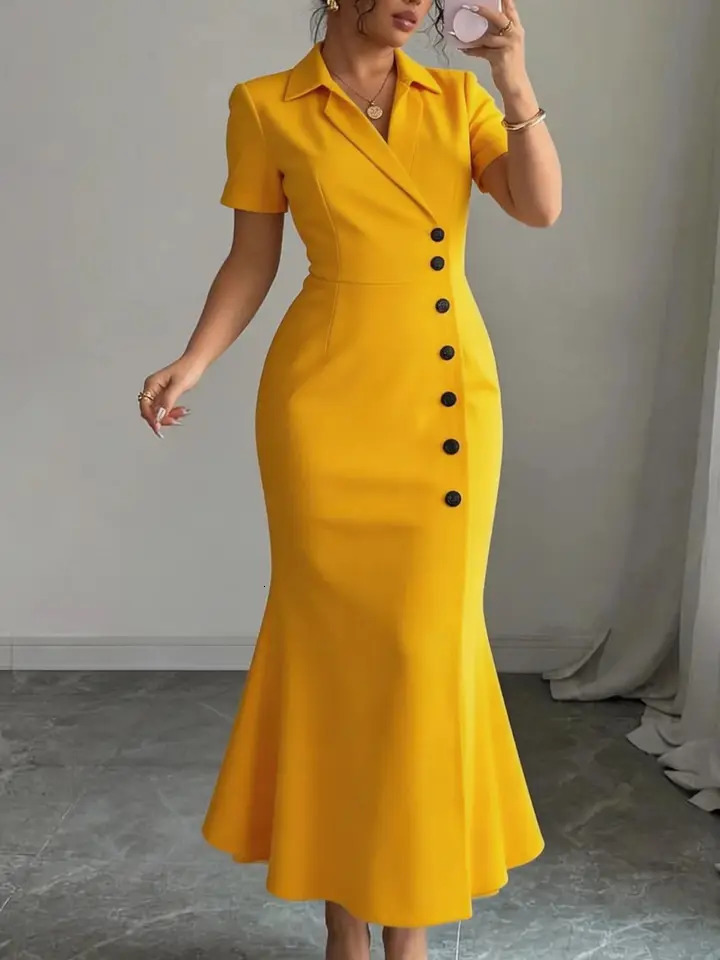 Elegant Solid Color Short Sleeve ButtonUp Neck Midi Dress Casual Slimming Womens WaistCinching 260612