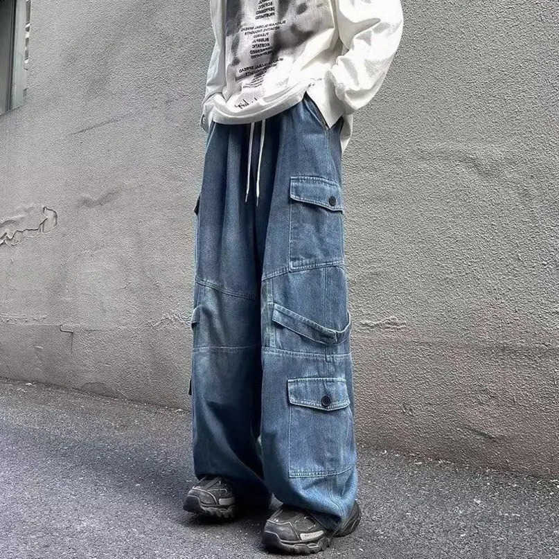 Hop Hip Strt mens and workwear jeans for couples washing retro multi pocket n wide leg casual pants S260612