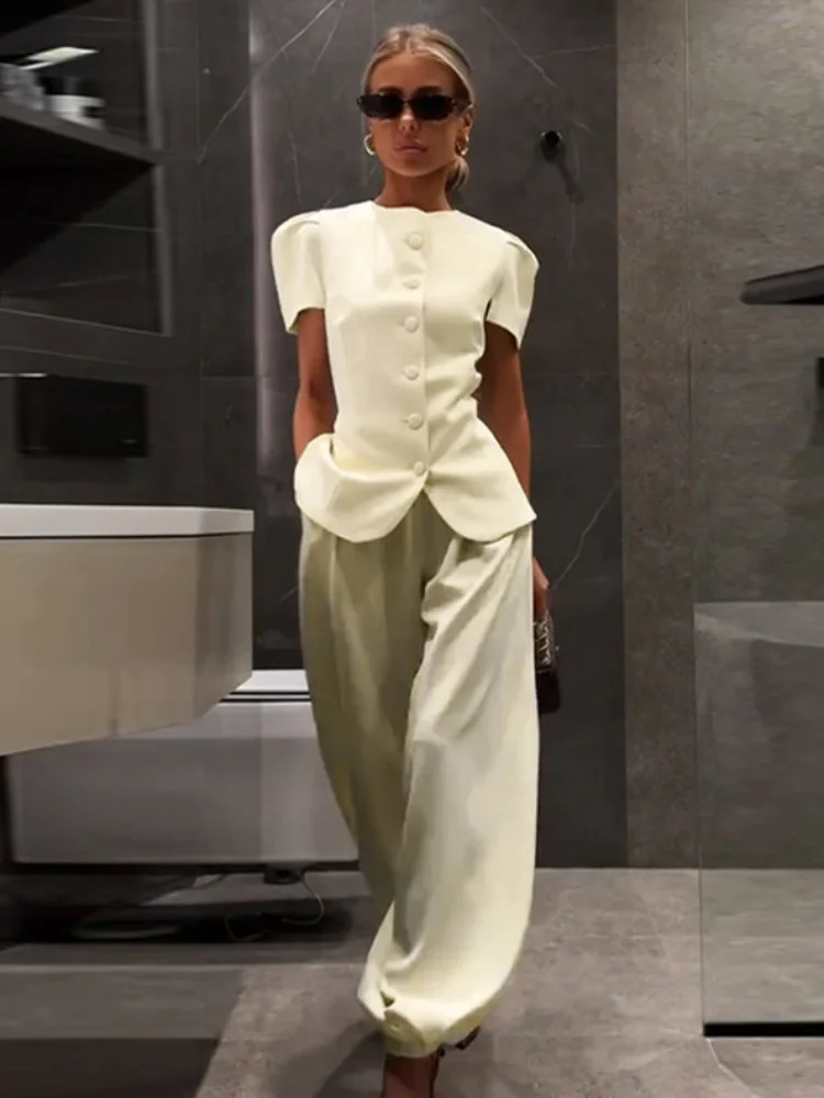Fashion Womens Waist Cinched Blazer Pant Set O-neck Puff Sleeve Shirts Loose Lantern Pants 2026 Summer Lady Chic Commute Suit 260611