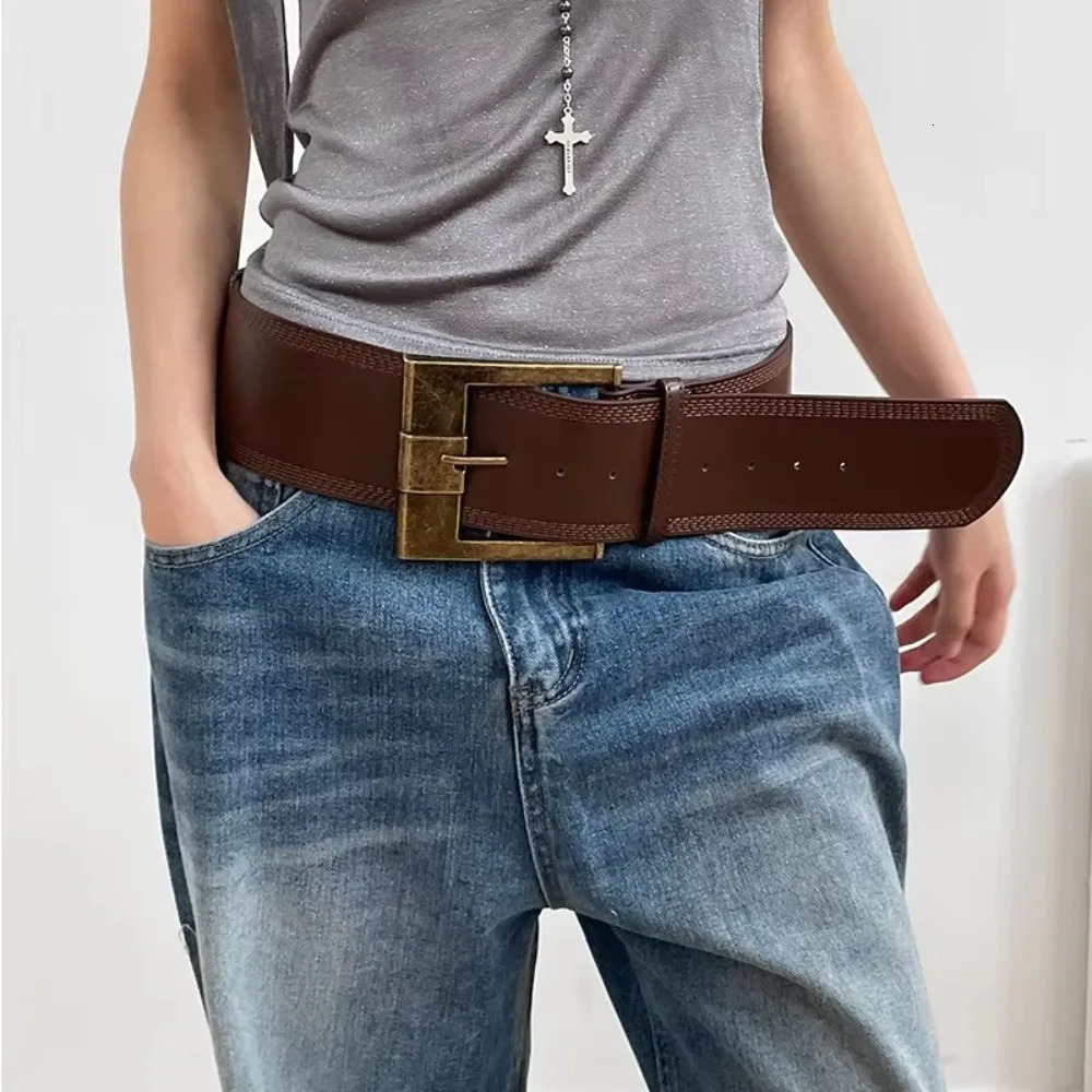 High Quality Vintage Wide Waistband PU Leather Punk Style Women Belts Solid Color Metal Buckle Grunge Sashes for Women 260612