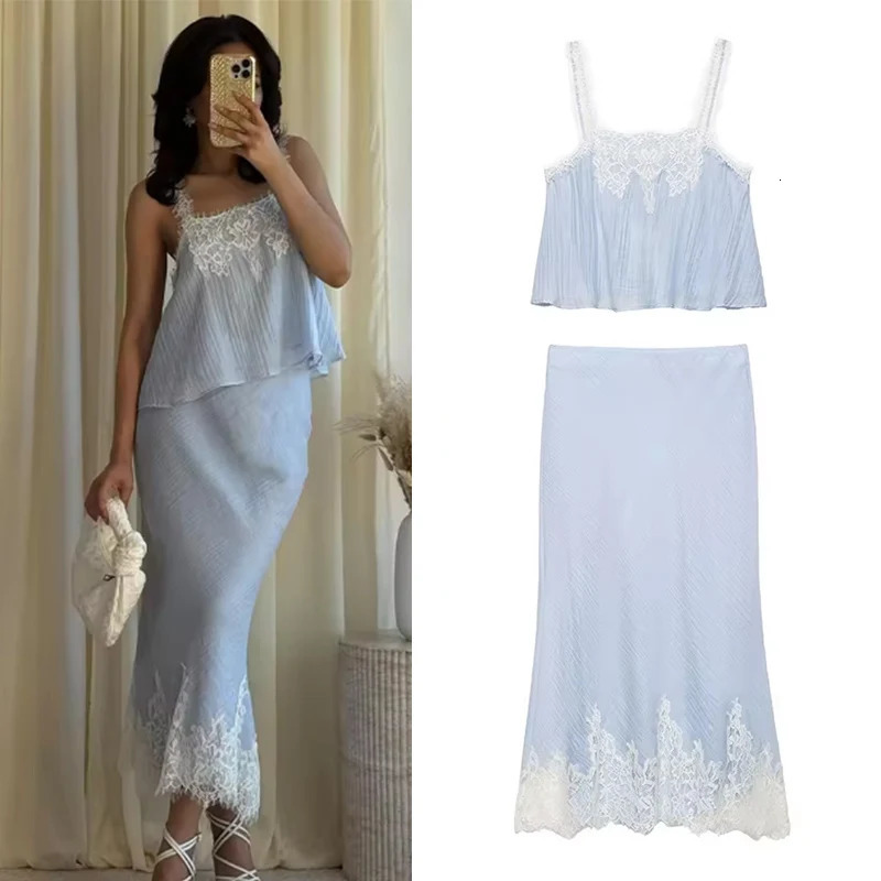 Womens Set 2026 Spring Summer 2pcs Blue Lace Lingeriestyle Crop Top and Midi Skirt Elegant Chic Personality Female 260612