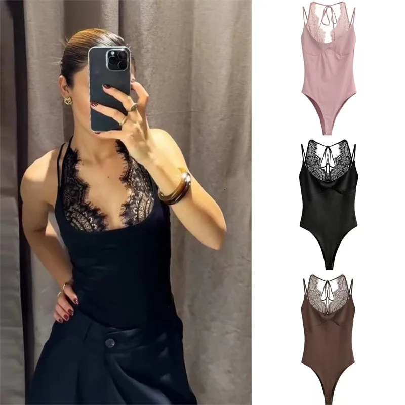 Womens Jumpsuit 2026 Spring Solid Color Halter Neck Lace Splice Sexy SlimFit Romper Personalized Fashion 260611