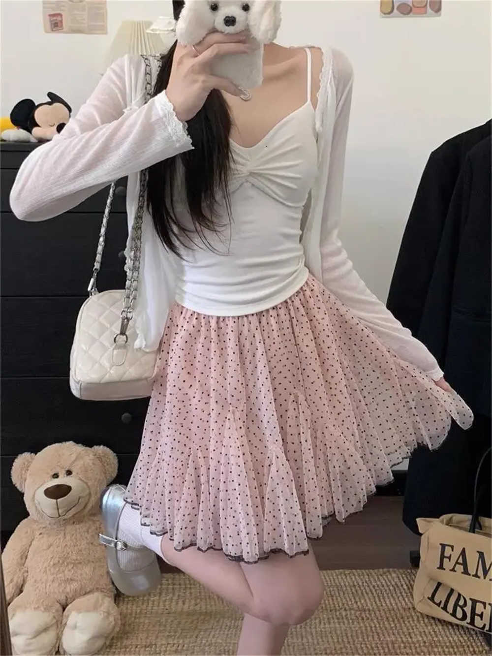 French Tiered Skirt Women Ruffles Sweet Polka Dot Bottoms Balletcore Tulle Skirt Mesh Female Lady A-Line Tulle Mini Skirts M260612