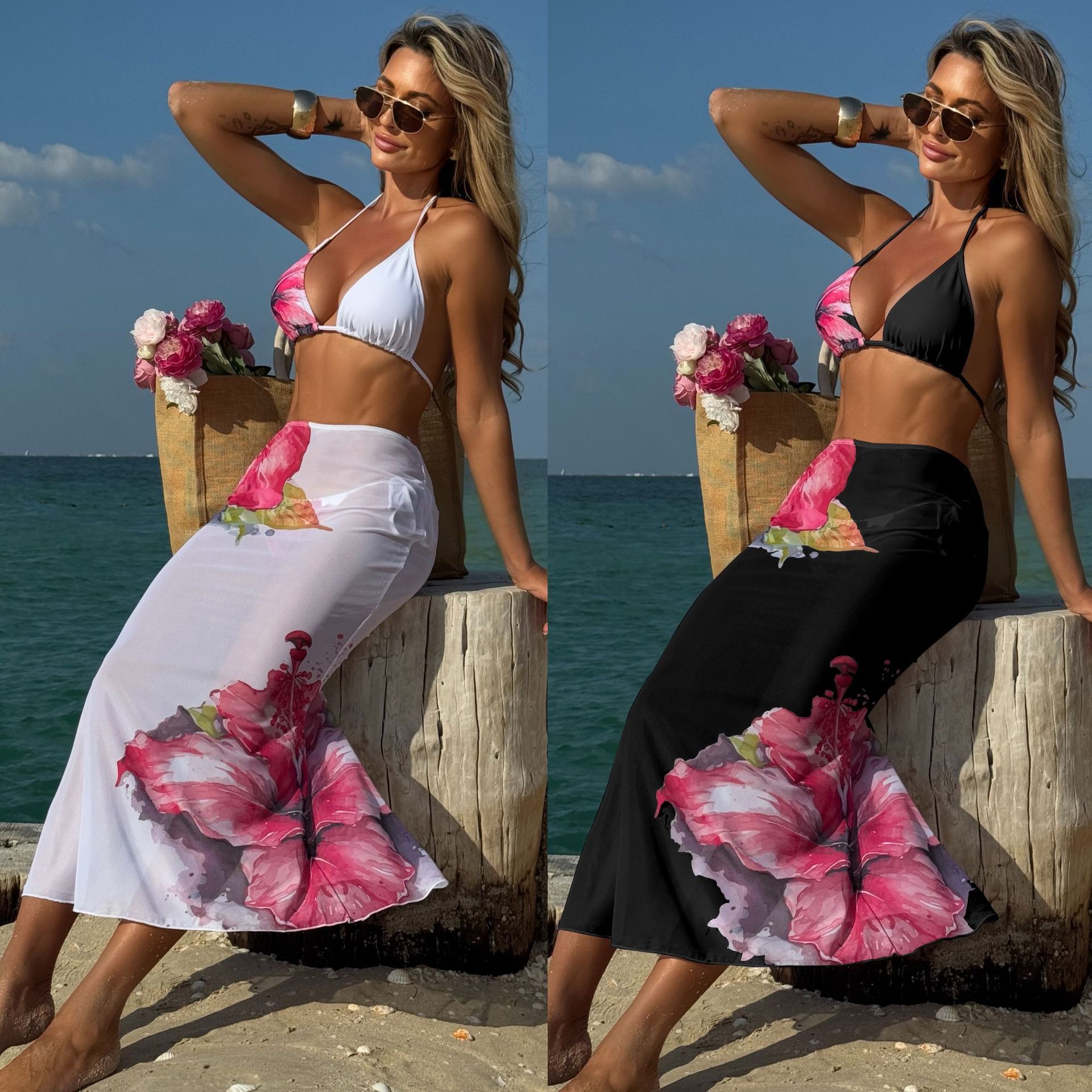 Free shipping 2026 New Style Printed Floral Three-Piece Set with Mesh Long Skirt Sexy Bikini