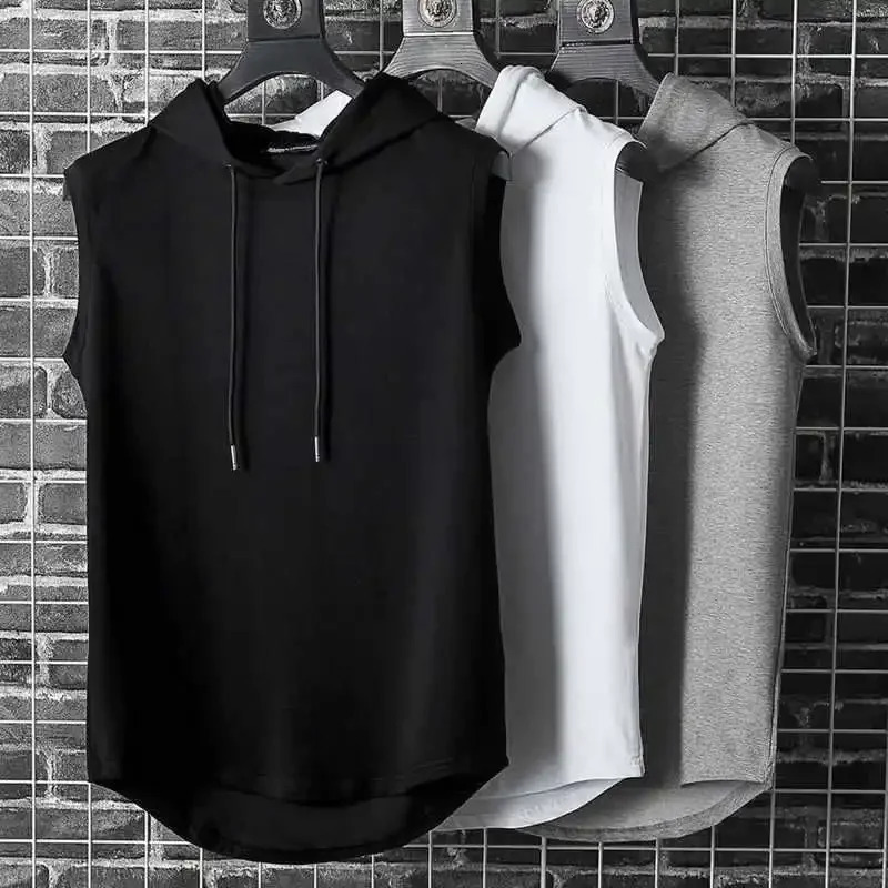 Mens lace up hooded sleeveless vest mens summer loose solid color hip-hop T-shirt top sports vest 260612