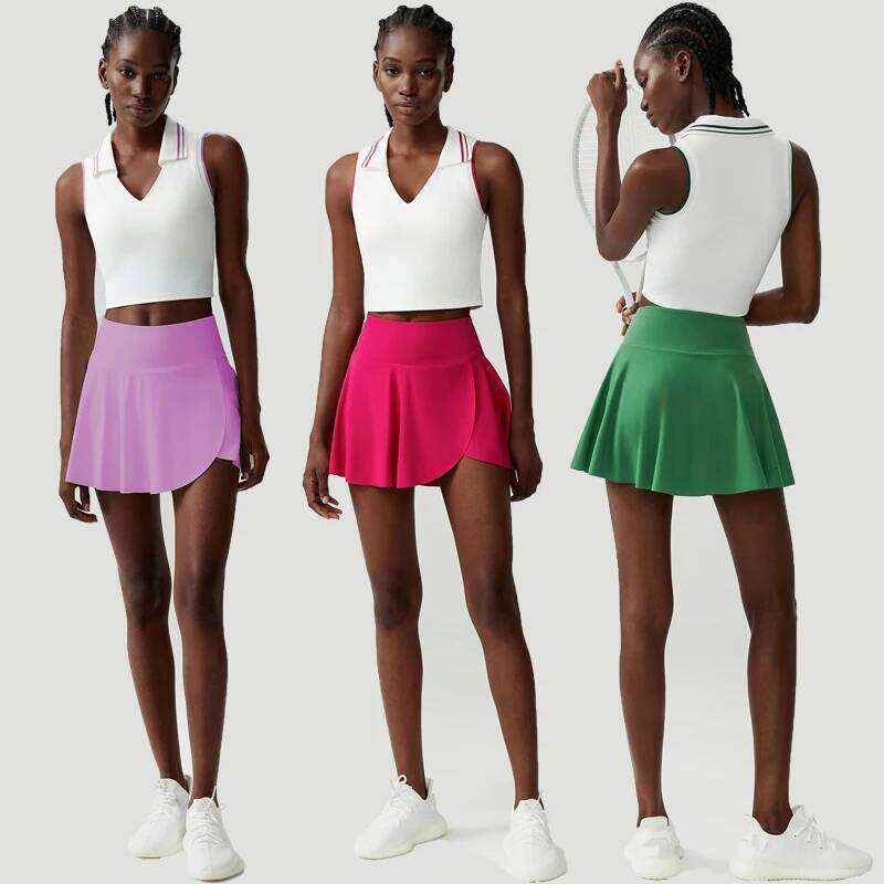 Women Two Pieces Fitness Yoga Set Summer Breathable Outdoor Running Suit 2 In 1 Pocket Tennis Skirt Female Short Sportswear 26L0612