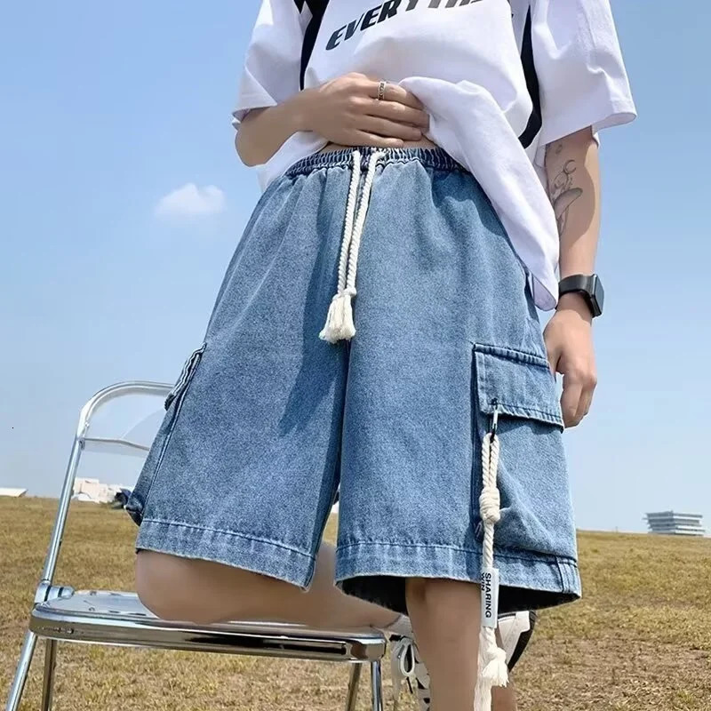Summer Multipocket Cargo Denim Shorts For Men Distressed High Street Drawstring Baggy Jorts Blue Y2K Vintage Short Jeans 260612