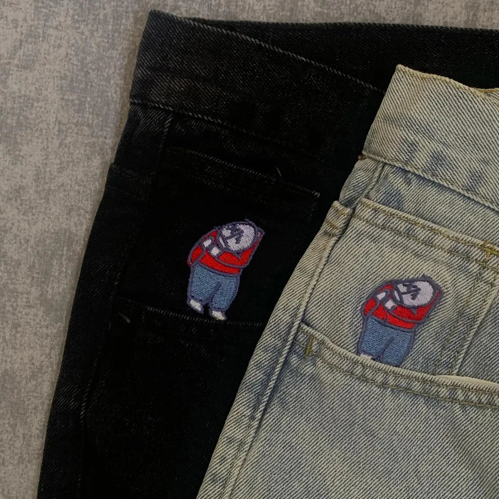 Y2K Ricamo Baggy Boy Jeans Donna Streetwear Gothic Cartoon Blu Dritto Retro Punk Rock Pantaloni in denim a vita alta 260611