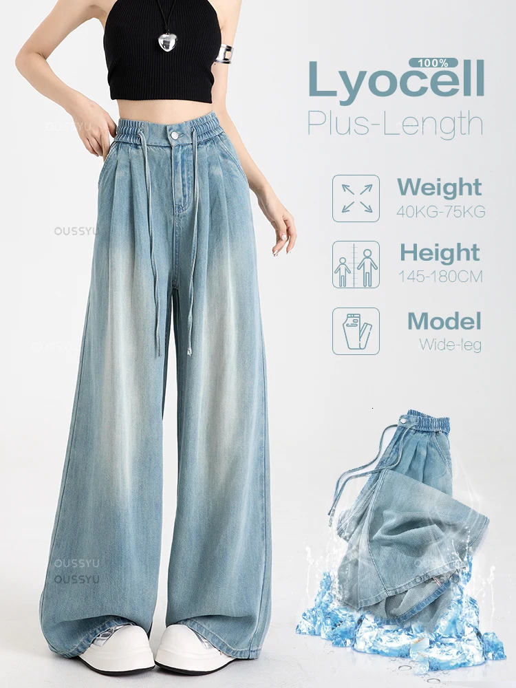 Summer y Soft Cozy 100Lyocell Fabric Woman Jeans Loose Wide Leg Elastic Waist Pants Fashion Casual Trousers Plus Length 260609