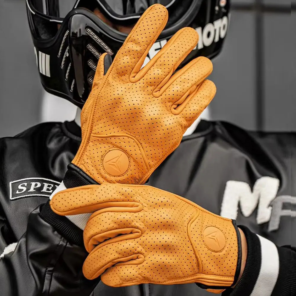 Genuine Leather Motorcycle Gloves for Men Women Retro Breathable Motocross Riding Protective Gloves Man Motos Non-slip Glove 260611