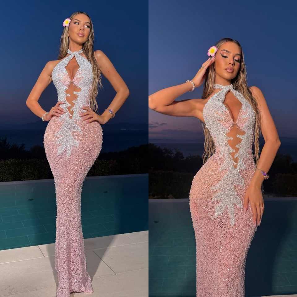 Crystal Pink Prom Dresses Sequins Mermaid Sexy Backless Rich Girl Formal Evening Birthday Party Robe Robe De Customized
