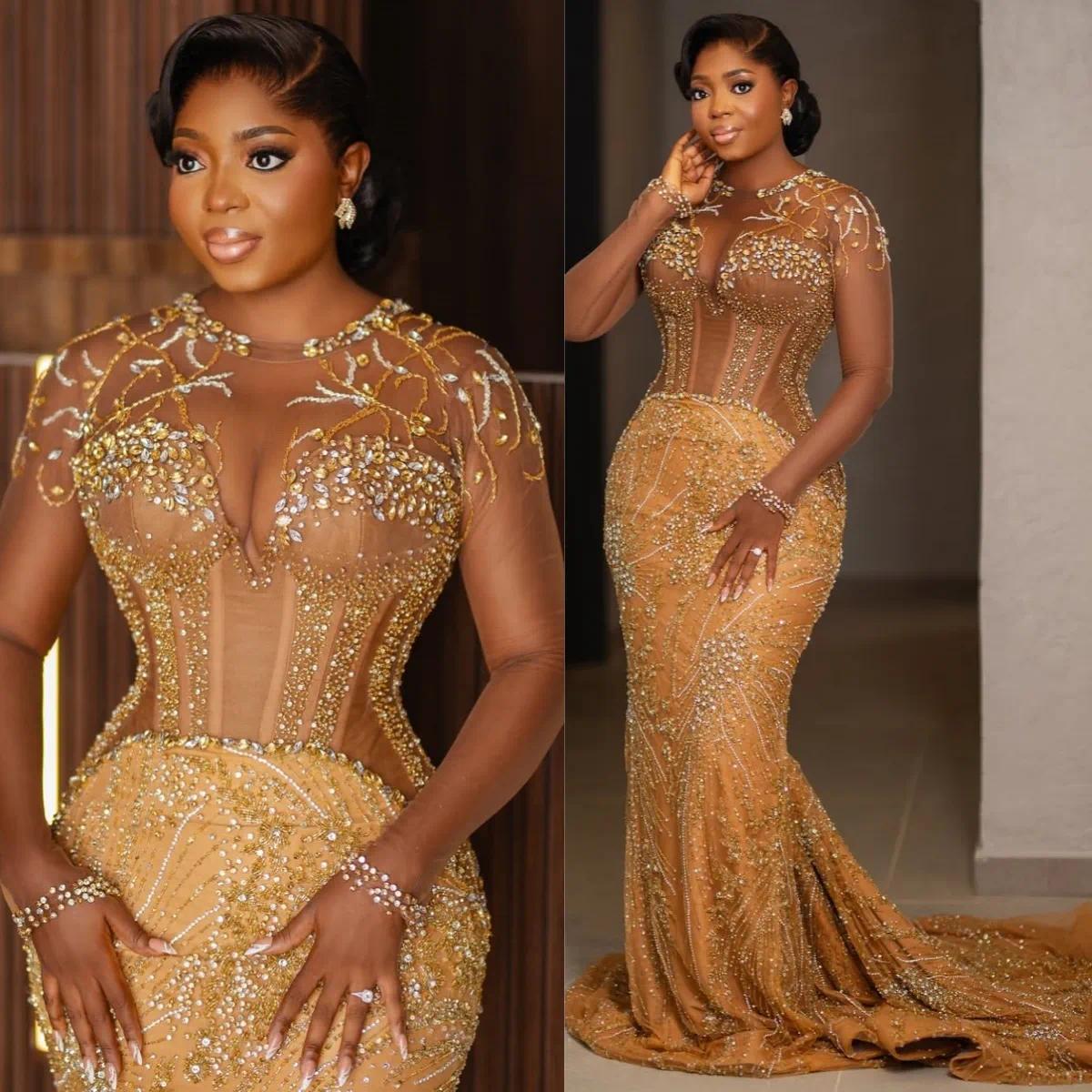 Mermaid Prom Dress For Black Women Long Sleeves Beading Lace Crystals Birthday Dress Custom Made
