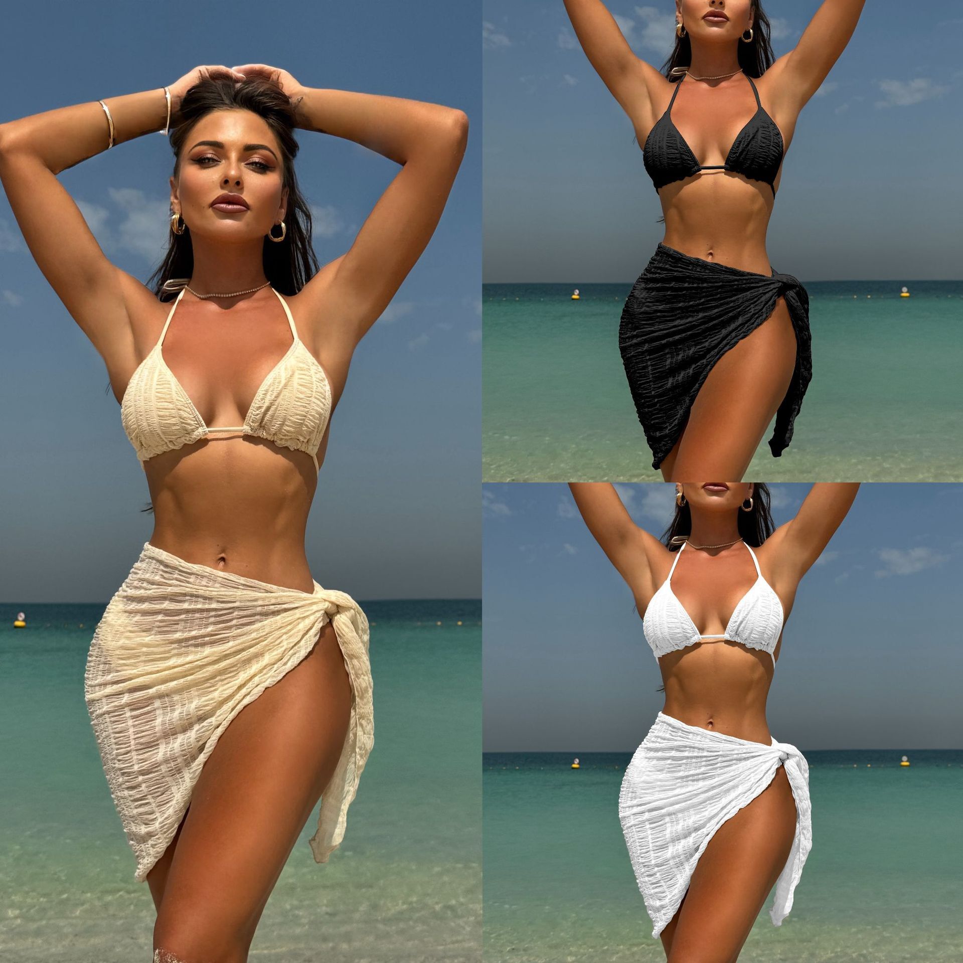 Free shipping 2026 solid color sexy new three-piece mesh swimsuit bikini
