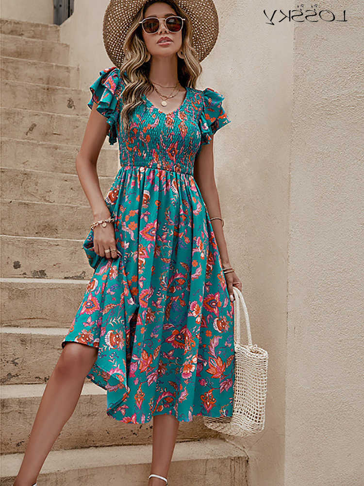 Dresses Casual Summer floral print Midi dress womens ultra-thin pleated beach dress casual and elegant grn print dress S260612