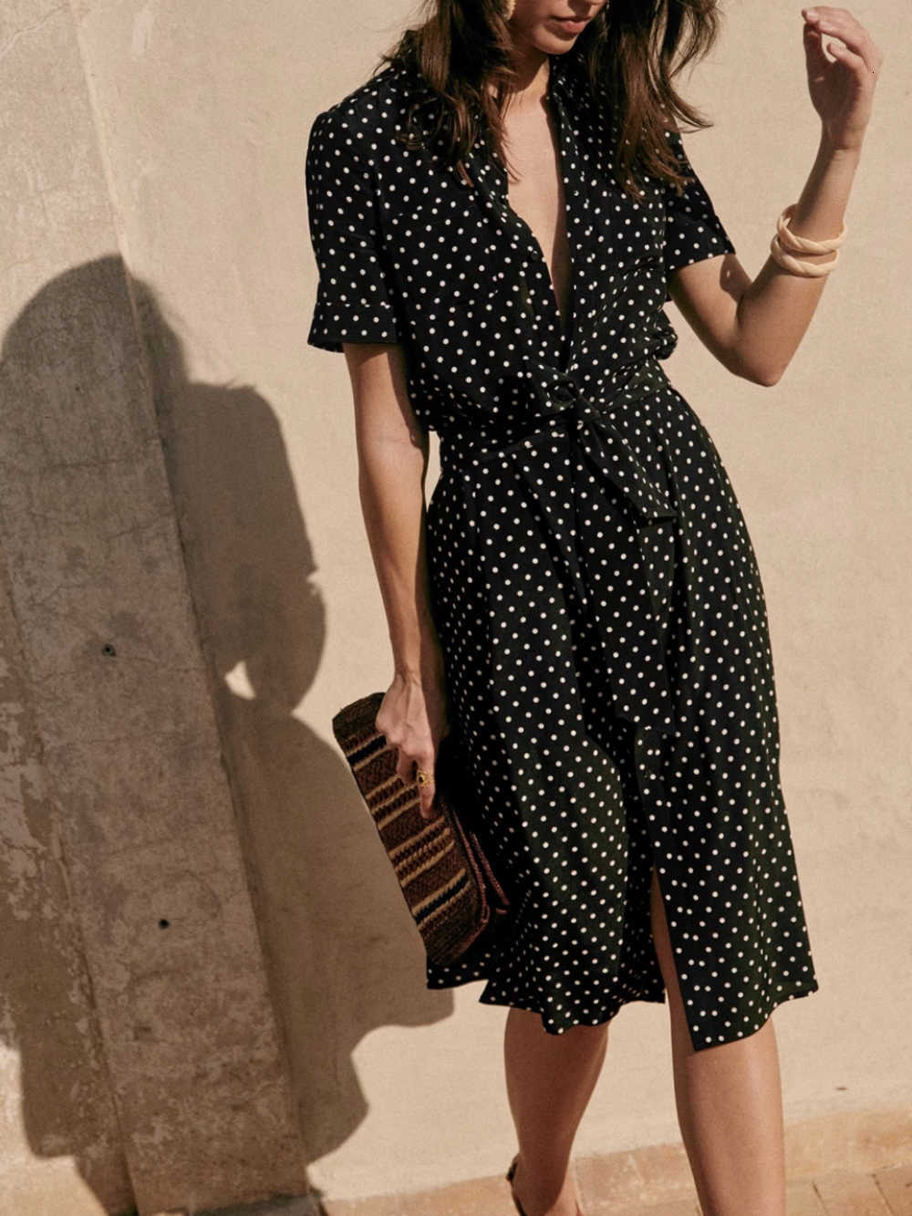 Dresses Casual Rowling Mirror Dot Black Belt Midi Dress Women Turndown Collar Casual Retro Vacation Beach Dress S260612