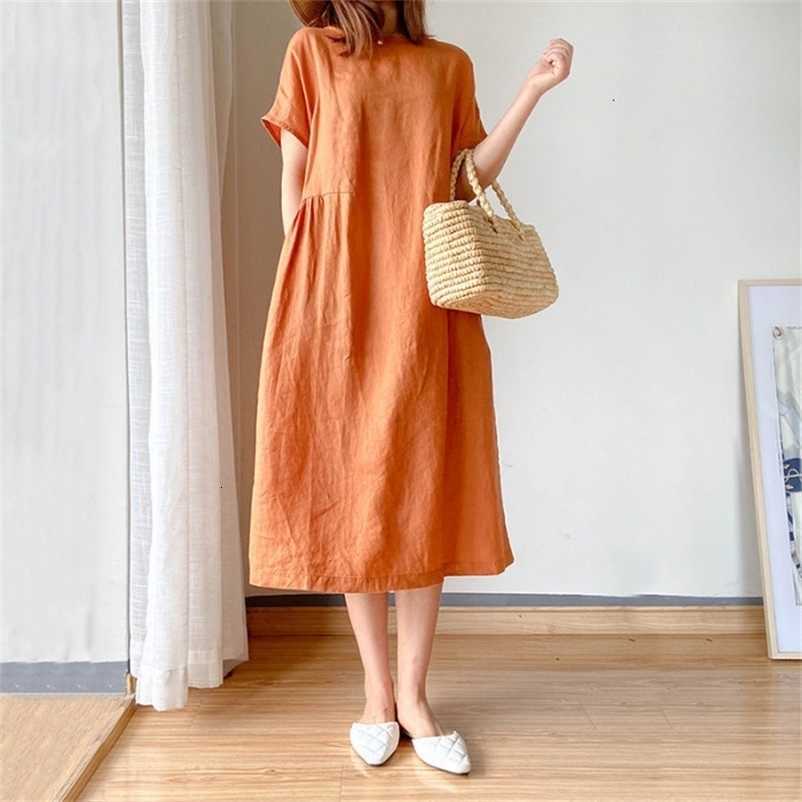 Dresses Casual Women Short Slve Dresses Solid Simple M-4XL Retro Cotton and Linen Breathable Leisure Loose Mid-calf Vestidos S260612