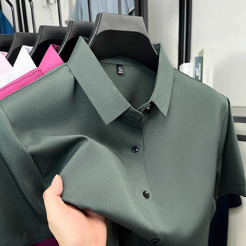 Sleeve Mens Short Solid Color Button Up Shirt Wrinkle Resistant Ice Silk Fabric For Business And Daily Wear M260612