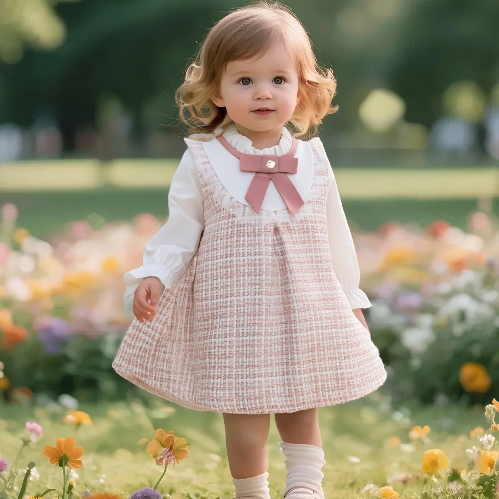 Spring and Autumn Baby Girl Long Sleeve Dress Two Small Checkered Childrens Clothes 0-3 Years Old 260611