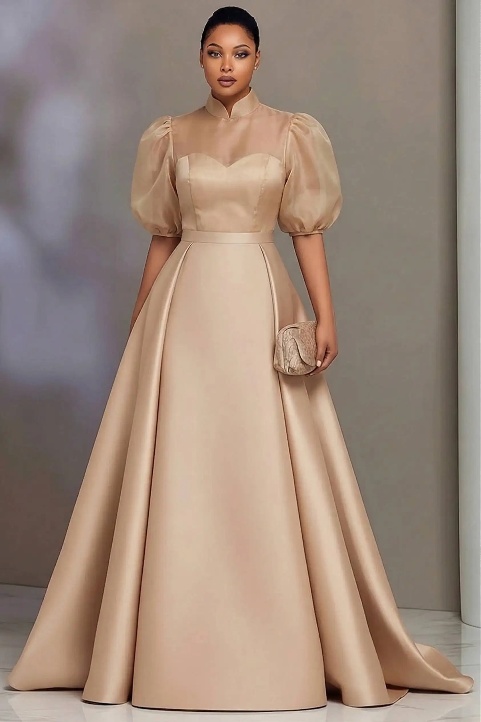 Women's Plus Size Dress Satin Ball Gown High Neck Sheer Puff Sleeve A-Line Formal Evening Dress with Train for Prom & Banquet