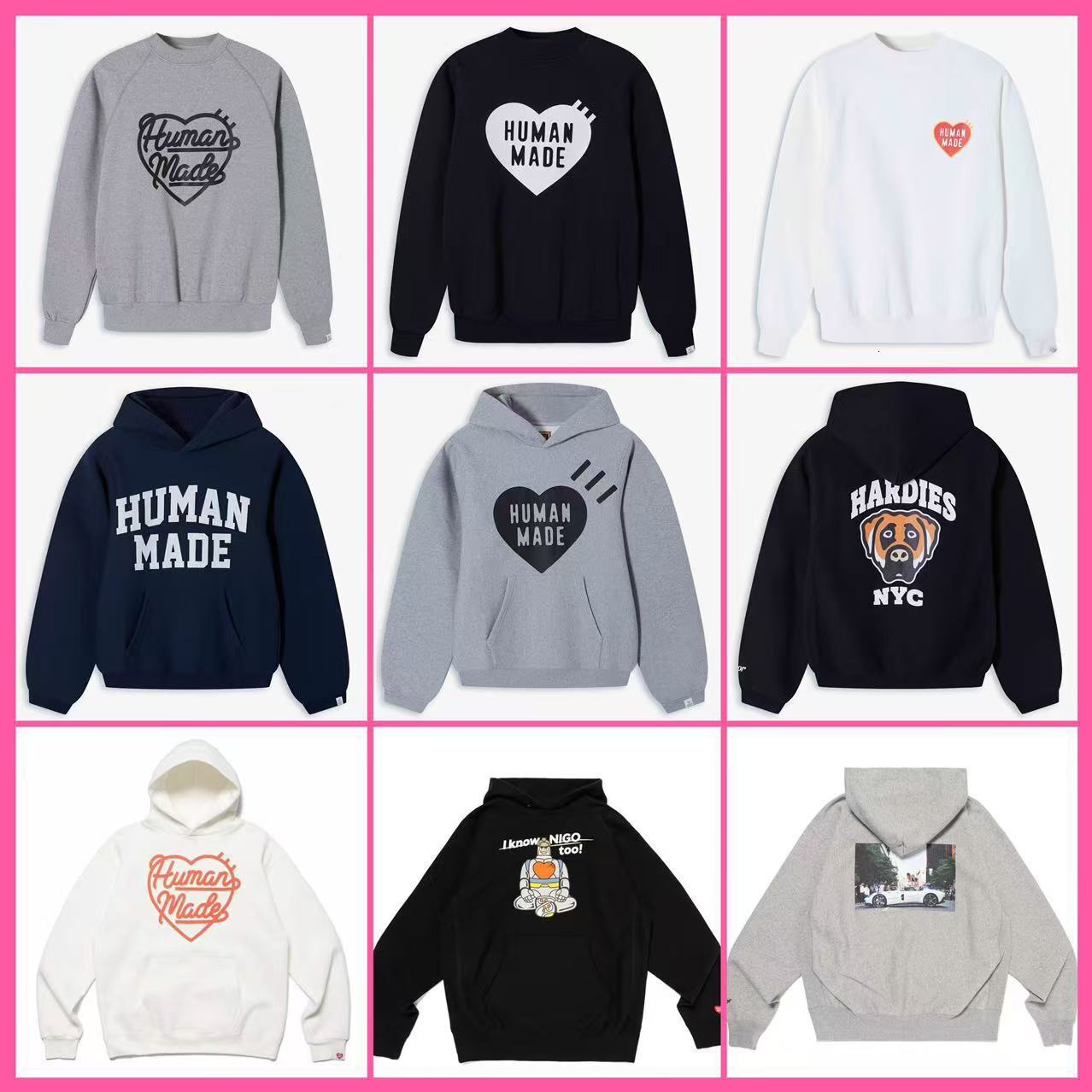 Designer Mens hoodies Classic Humanmades Heart Print Retro Hip Hop Pullover Casual Loose Fleece Hooded Sweatshirt Unisex Humanmades Cotton long slee