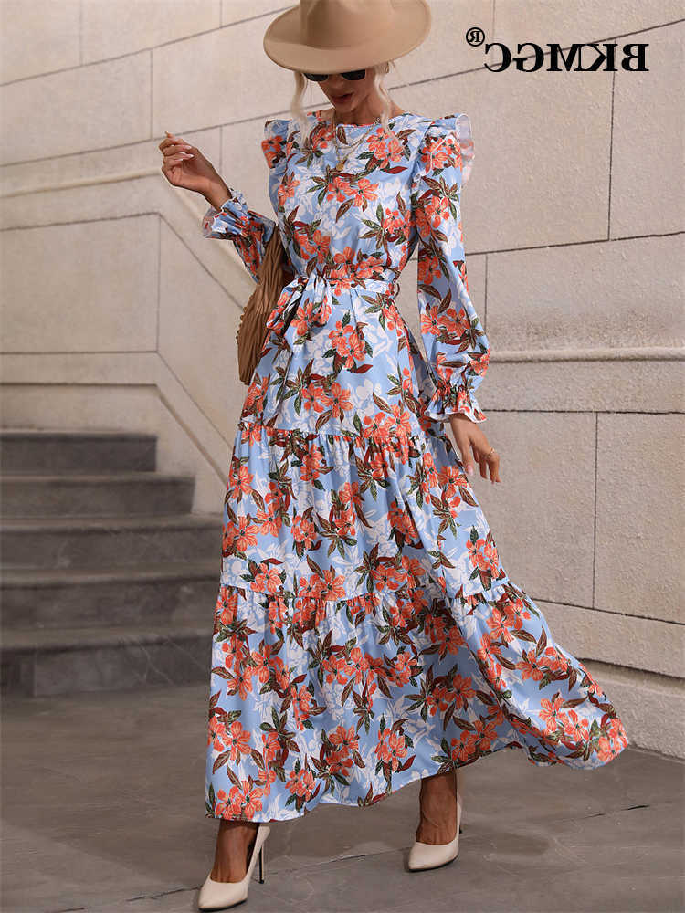 Dresses Casual Ruffle Butterfly Slve Floral Print O-Neck Belted Waist Summer Autumn Women Long Boho Bohemian Cloth S260612
