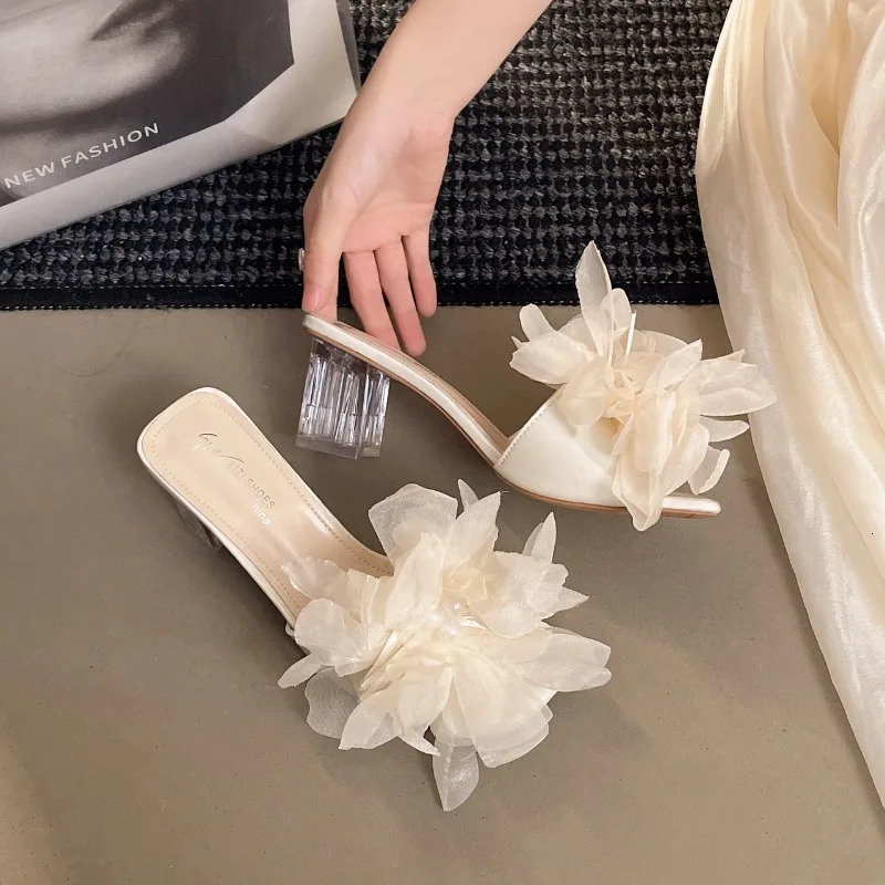 Flower Crystal Block Heel Sandals and Slippers for Women in Summer Womens High Heels Beautiful Sandals 260612