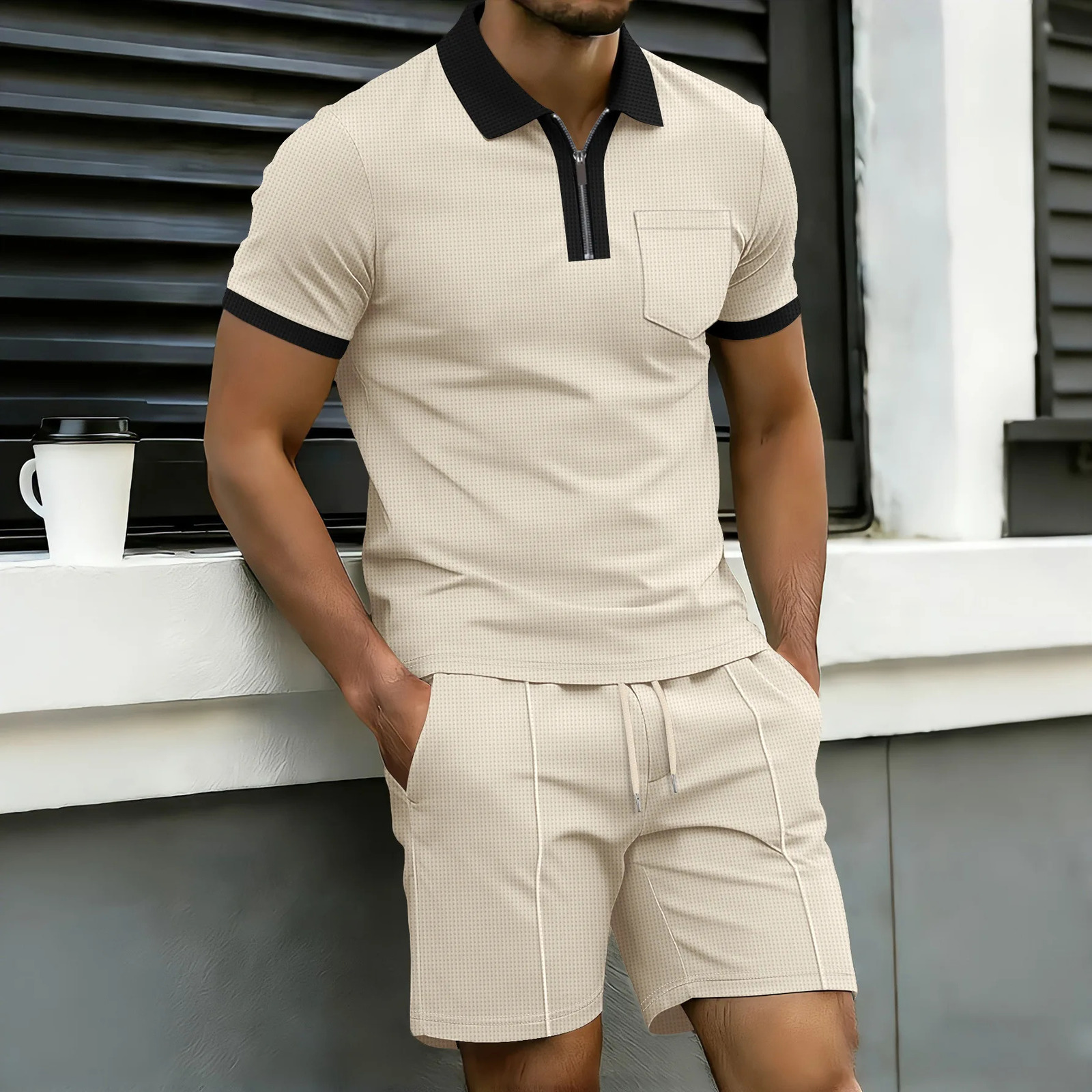 Mens Contrast Trim Waffle Knit 2 Piece Tracksuit Zip Collar Polo Shirt Drawstring Shorts Set for Beach Vacation