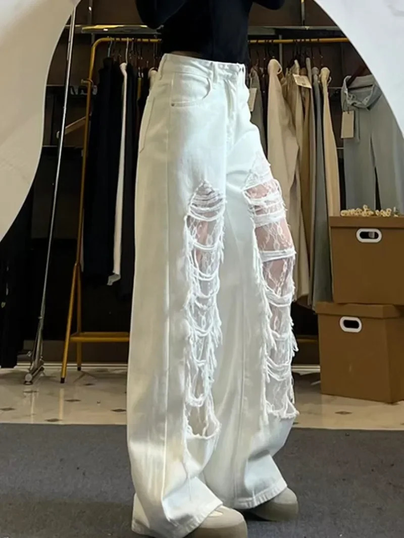 Fashion Trend Personality Wide Leg Pants Y2K White Lace Ripped Jeans High Street Punk Casual Women Mid Waist 260608