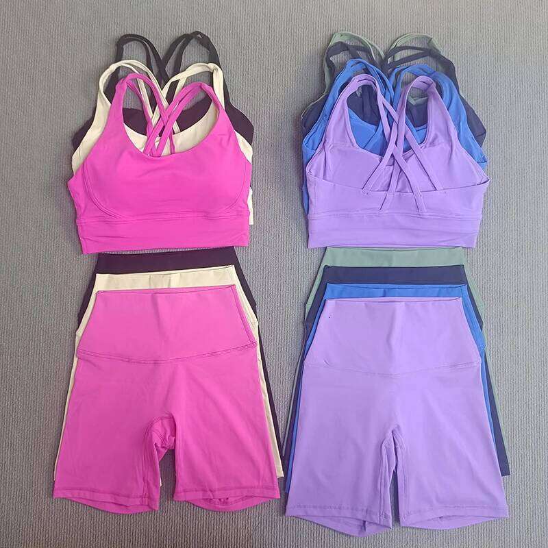 Women's 2-Piece Yoga Set Tights For Woman Cross Back Bra Top + High Waist Shorts Fitness Running Workout Tracksuit 26L0612