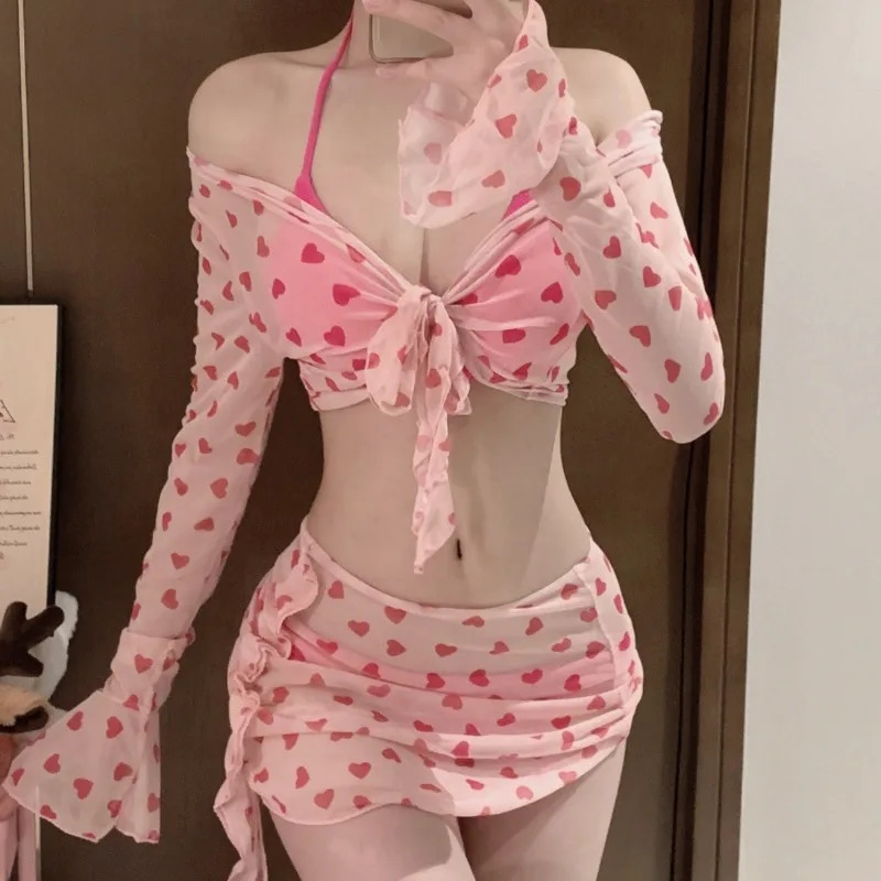 Sweet Pink Heart Print Three Piece Swimsuit Set with Sheer Long Sleeve Top Wrap Skirt Modest Swimwear for Beach Pool Vacation 260611