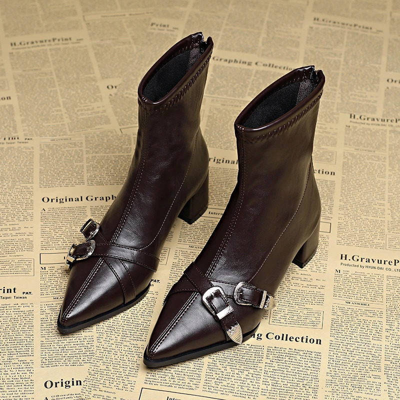 Otoño Invierno moda Botines de tacón grueso Mujer moda Metal decoración zapatos estilo callejero fiesta Botas cortas Mujer 260612
