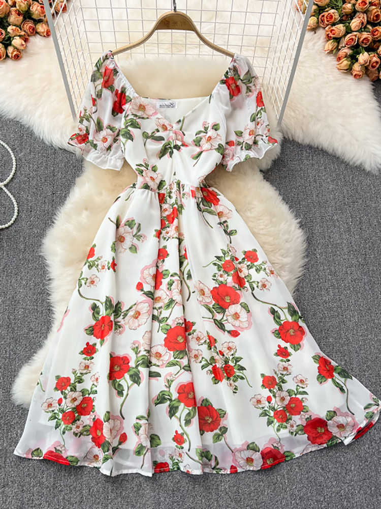 Dresses Casual Summer Womens Flower Chiffon Dress Womens Elegant V-neck Short Slve Waist Beach Vestido Casual Party Dress S260612