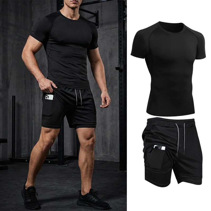 Mens 2 Piece Set Gym Athletic Workout Running Outfits Short Sleeve Compression Shirt Tshirt 2 in 1 Gym Shorts with Phone Pocket 260611