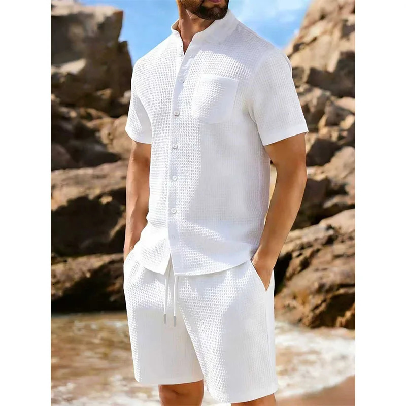 summer mens breathable shortsleeved polo shirt with standup collar fitted shorts set in a checked knitted casual beachwe