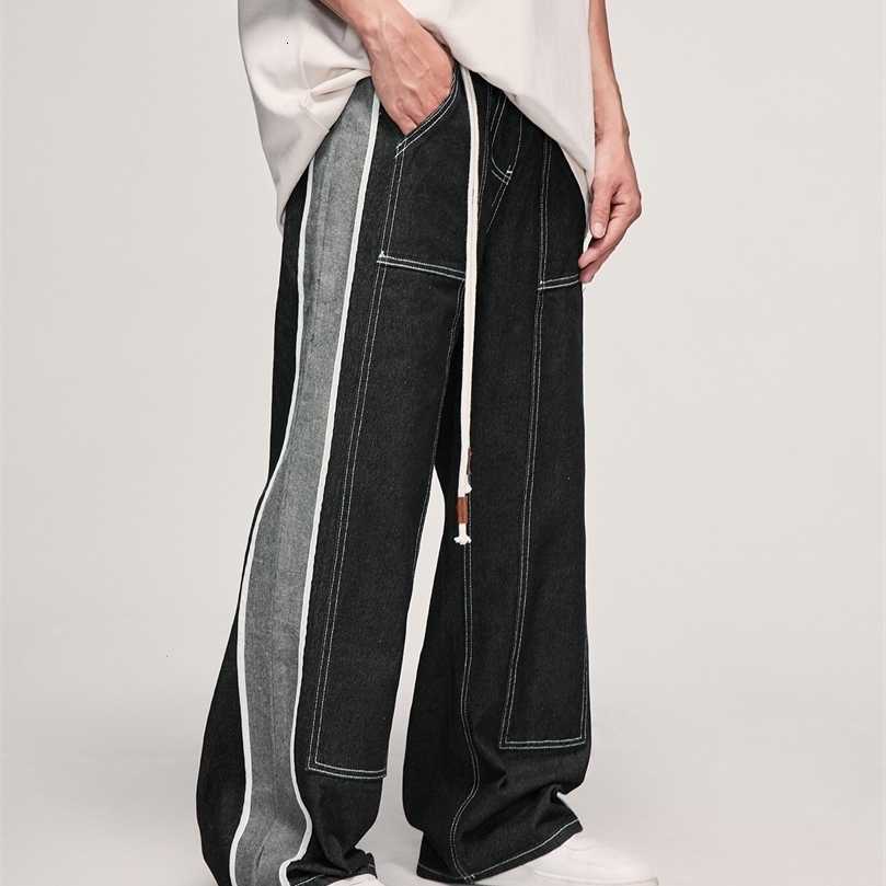 Pants Mens TION Black Patchwork Jeans Unisex Elastic Waist Straight Leg Denim 230810 S260612